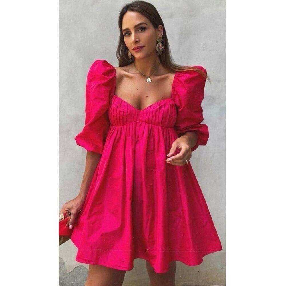 Zara Hot Pink Puffed Sleeve Mini Dress